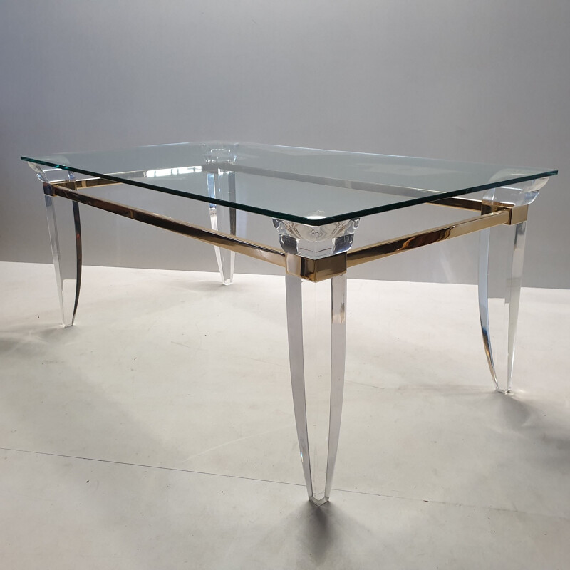 Vintage lucite gold plating and glass coffee table with assymetrical table legs