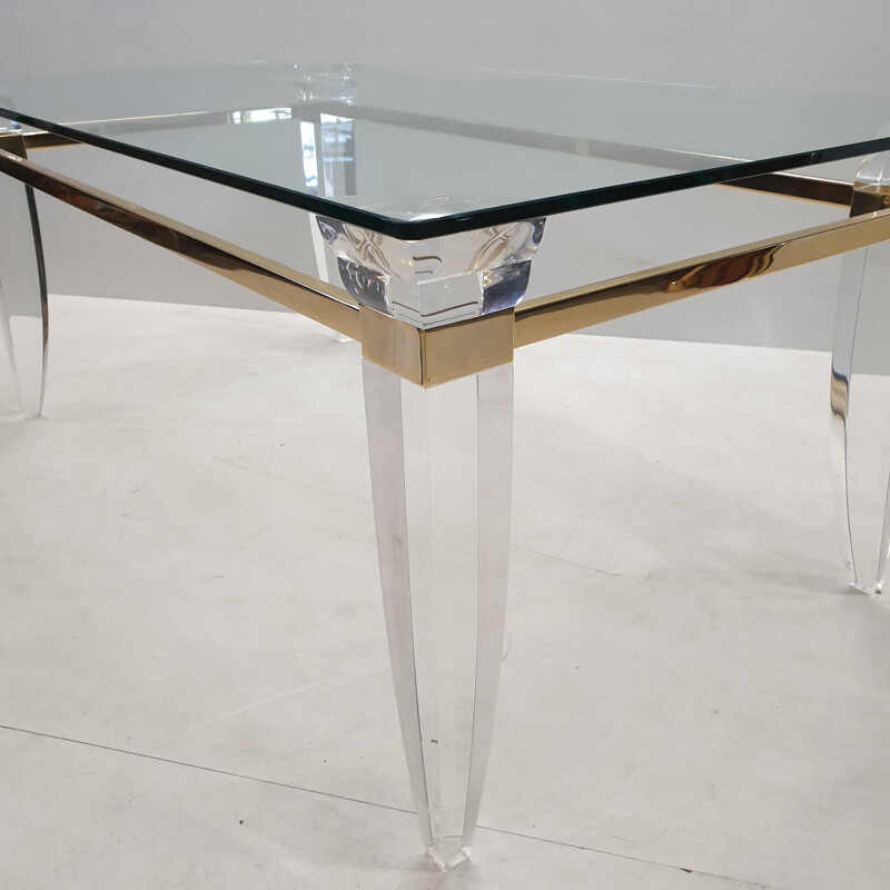 Vintage lucite gold plating and glass coffee table with assymetrical table legs