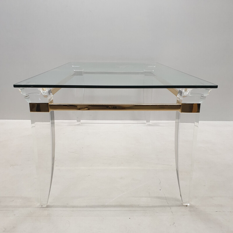 Vintage lucite gold plating and glass coffee table with assymetrical table legs