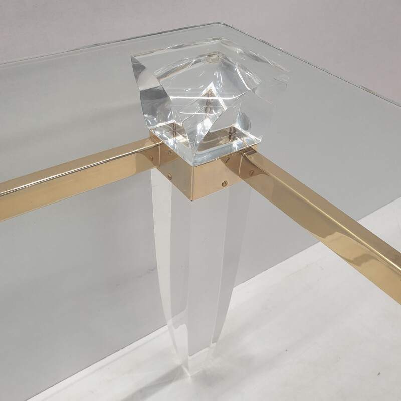 Vintage lucite gold plating and glass coffee table with assymetrical table legs