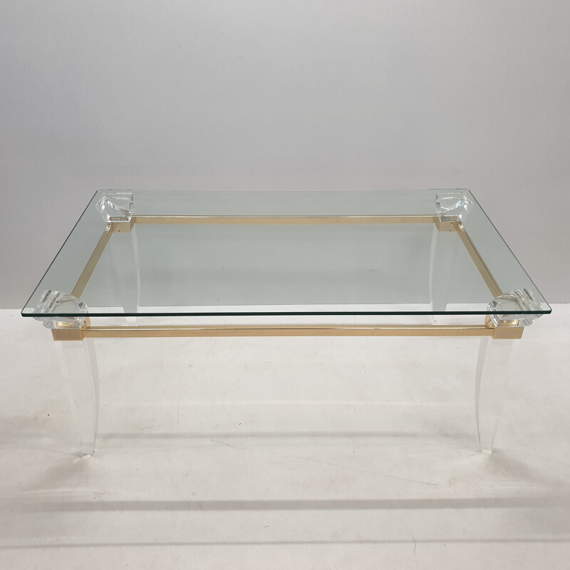 Vintage lucite gold plating and glass coffee table with assymetrical table legs