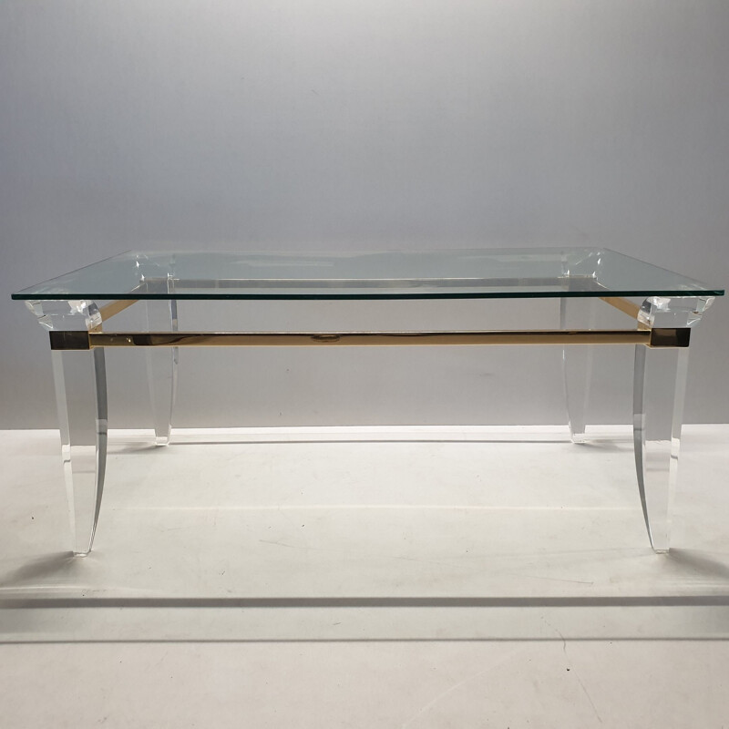 Vintage lucite gold plating and glass coffee table with assymetrical table legs