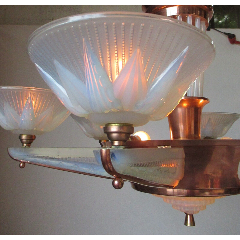 Vintage bronze and glass chandelier by Ezan and Petittot, France 1930