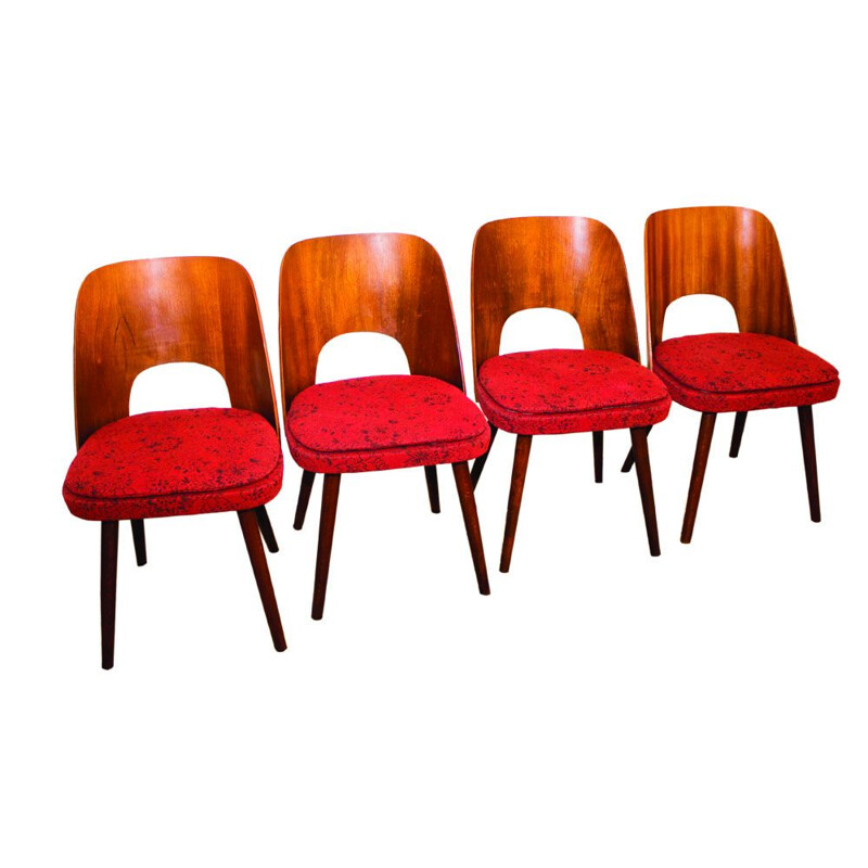 Set of 4 vintage chairs for TON in walnut and red fabric 1950
