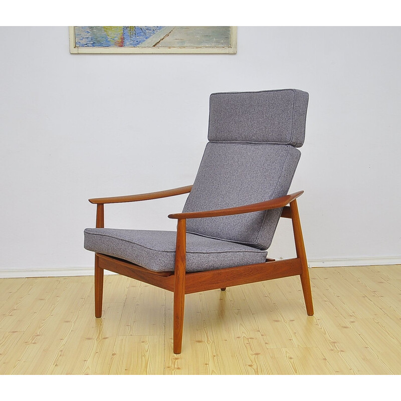 Fauteuil vintage FD-164 pour Cado en laine grise et teck 1960