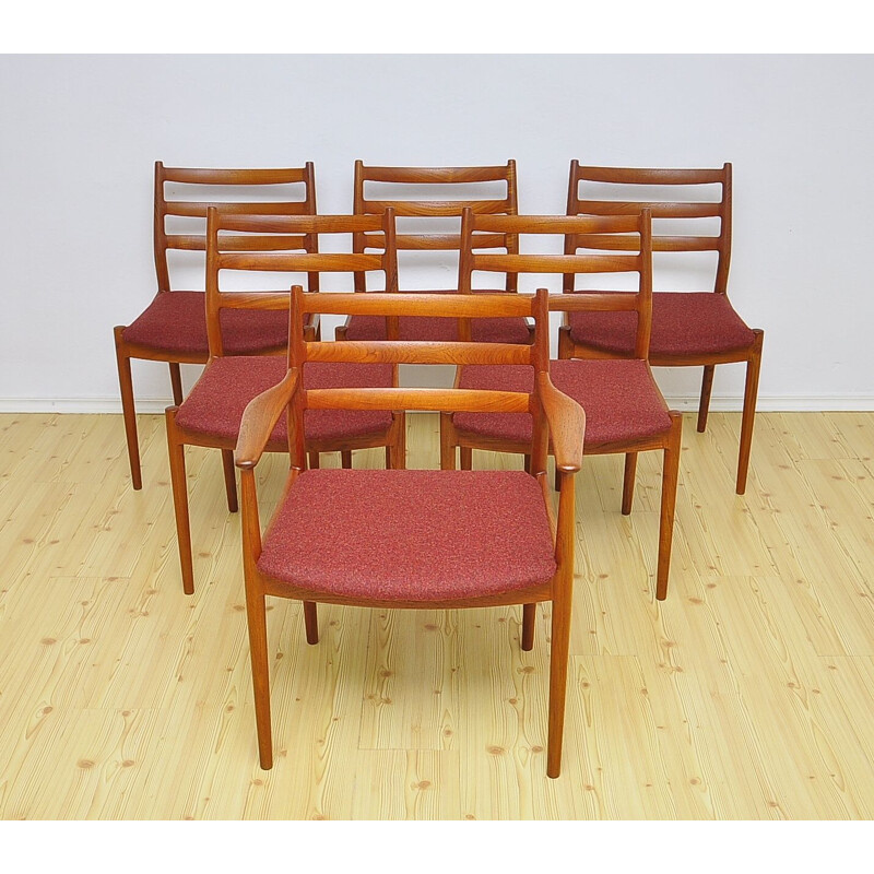 Set of 6 vintage model 191 chairs for France & Søn in red wool and teakwood 1960