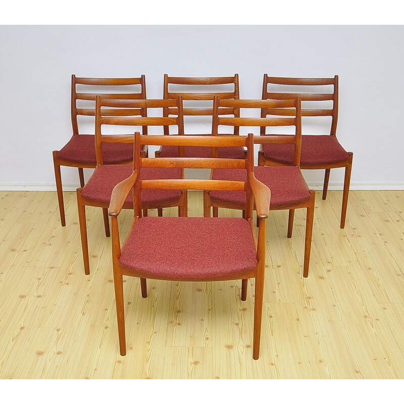 Suite de 6 chaises vintage modèle 191 pour France & Søn en laine rouge et teck 1960