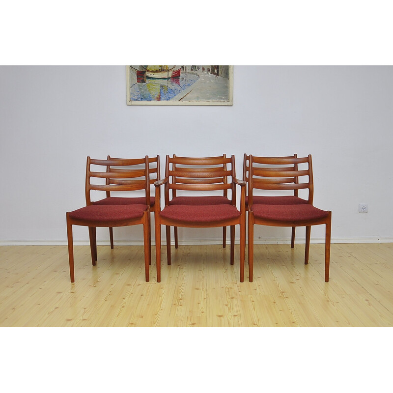 Set of 6 vintage model 191 chairs for France & Søn in red wool and teakwood 1960