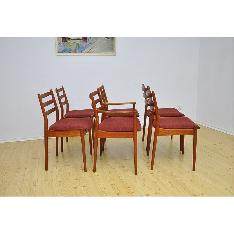 Set of 6 vintage model 191 chairs for France & Søn in red wool and teakwood 1960