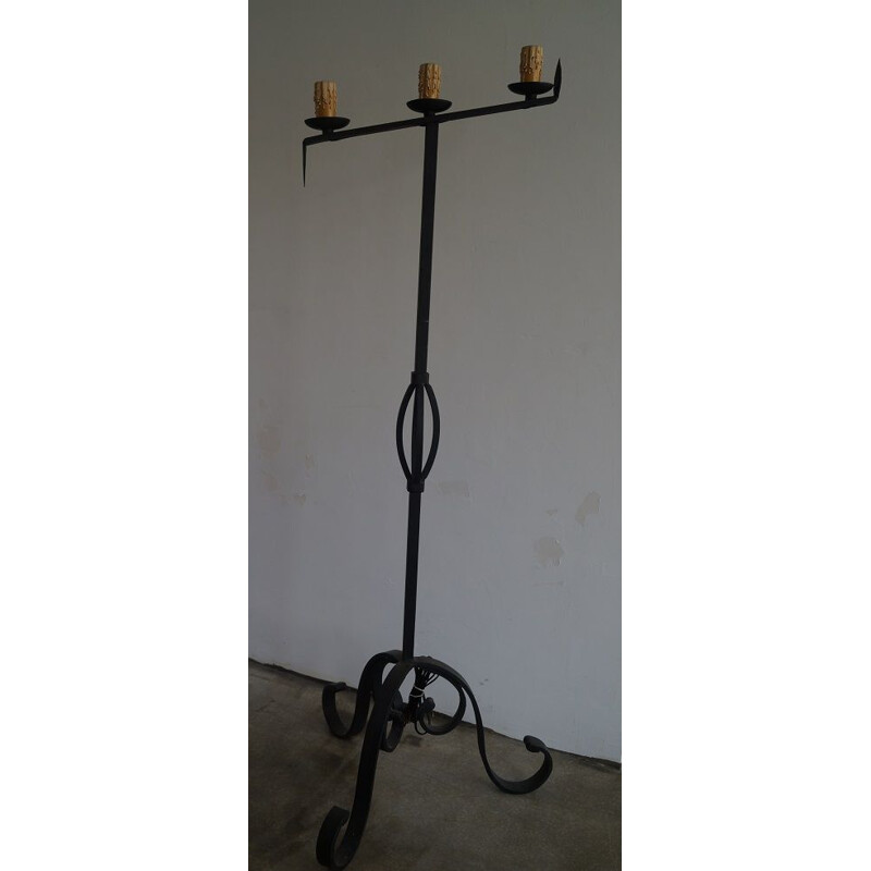French vintage floor lamp in black wrought iron 1930