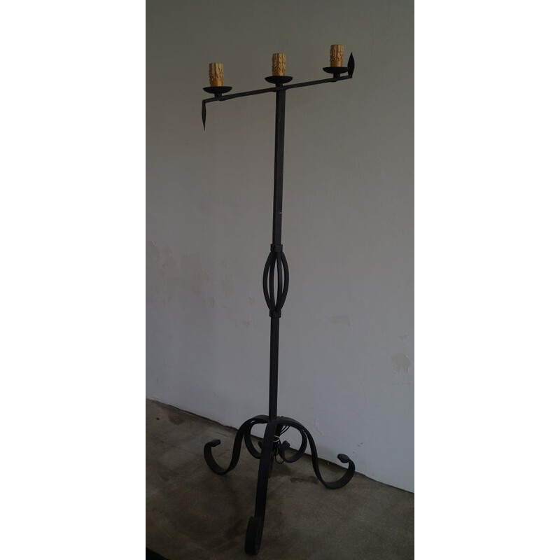 French vintage floor lamp in black wrought iron 1930