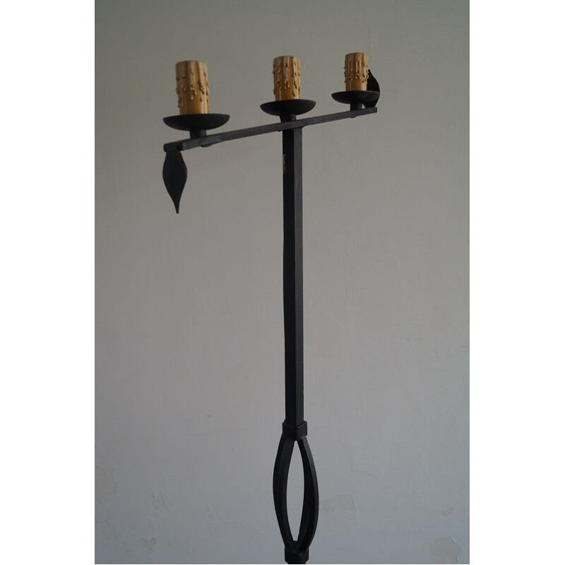 French vintage floor lamp in black wrought iron 1930