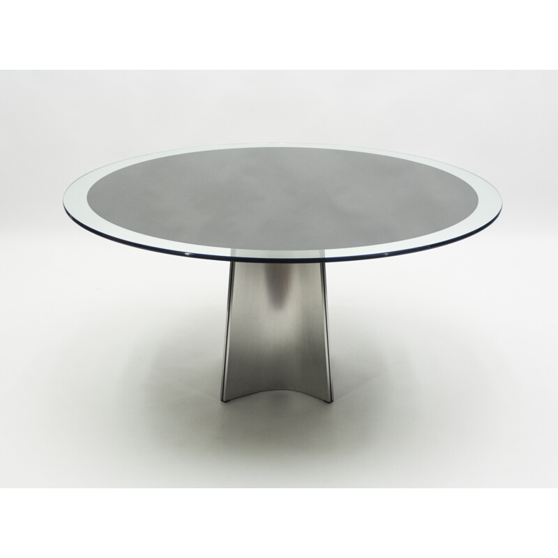 Vintage table for Maison Jansen in brushed steel and glass 1970