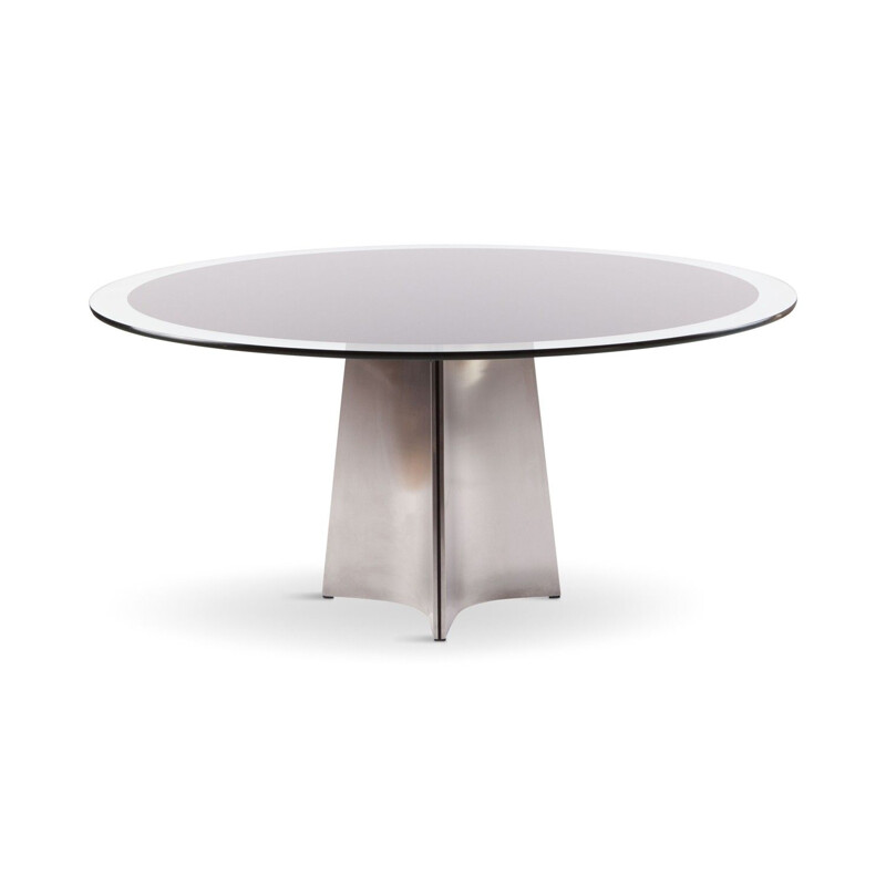 Vintage table for Maison Jansen in brushed steel and glass 1970