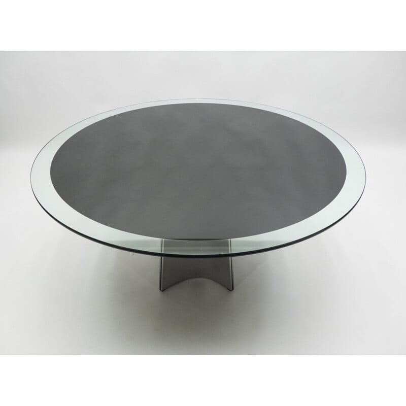 Vintage table for Maison Jansen in brushed steel and glass 1970