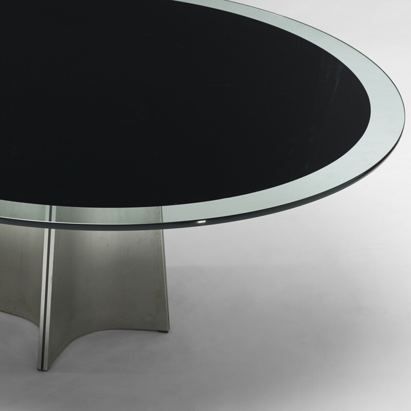 Vintage table for Maison Jansen in brushed steel and glass 1970