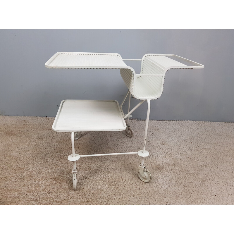 Vintage serving trolley "Java" by Matégot in white metal 1950