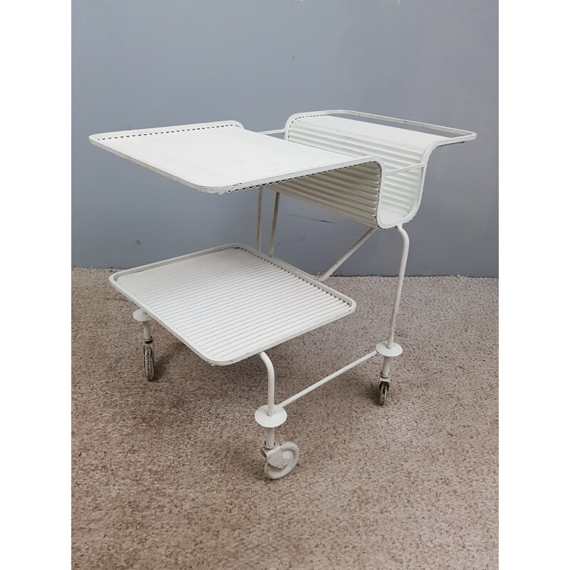 Vintage serving trolley "Java" by Matégot in white metal 1950