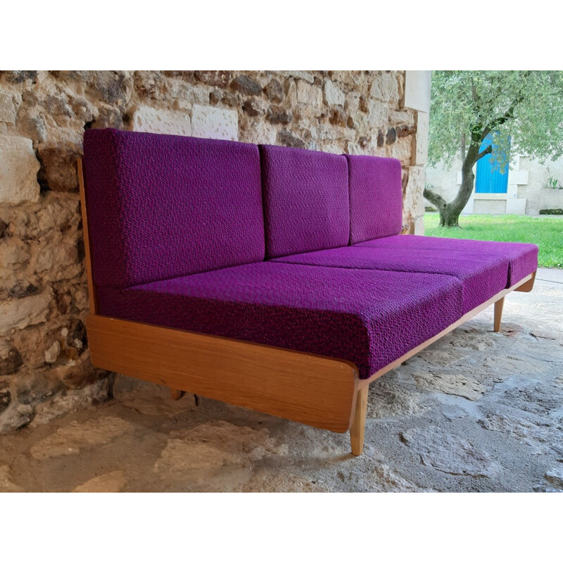 Vintage sofa for Interier Praha in purple fabric and beech 1960