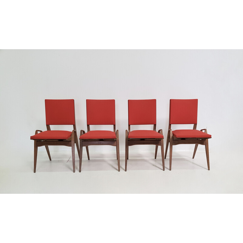 Set of 4 vintage Pré chairs in red leatherette and oak 1950