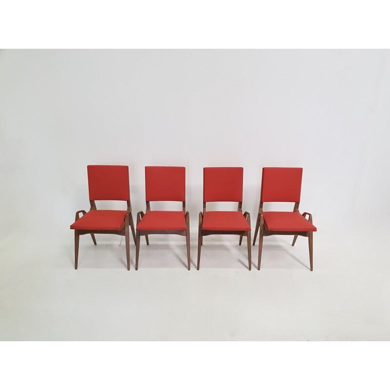 Set of 4 vintage Pré chairs in red leatherette and oak 1950