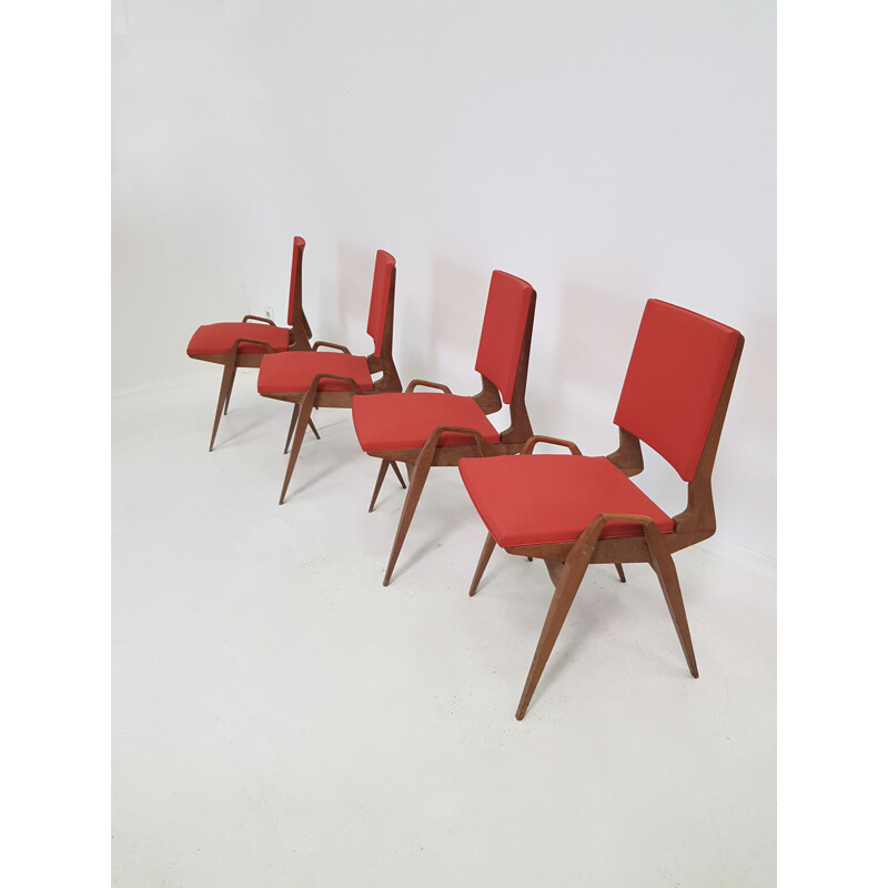 Set of 4 vintage Pré chairs in red leatherette and oak 1950