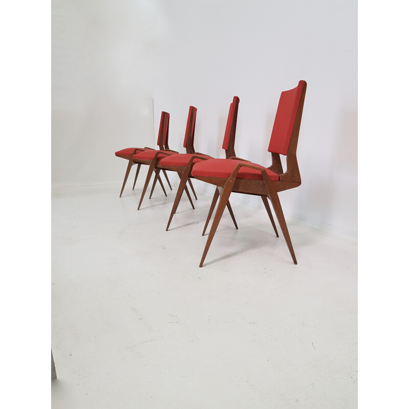 Set of 4 vintage Pré chairs in red leatherette and oak 1950