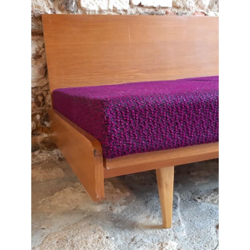 Vintage sofa for Interier Praha in purple fabric and beech 1960