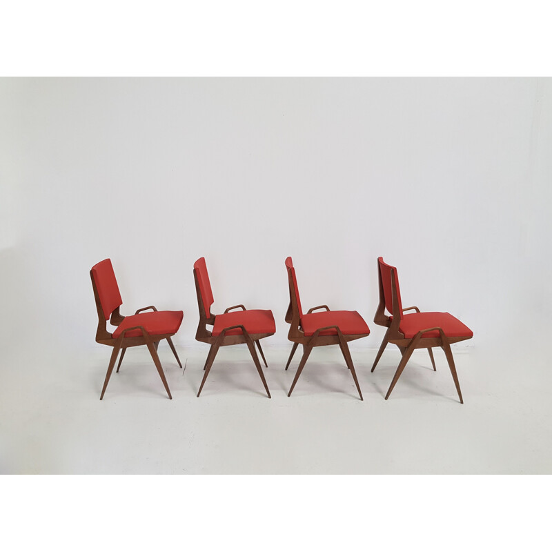 Set of 4 vintage Pré chairs in red leatherette and oak 1950