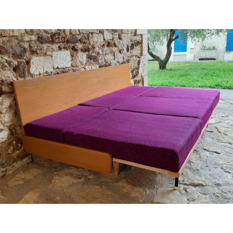 Vintage sofa for Interier Praha in purple fabric and beech 1960