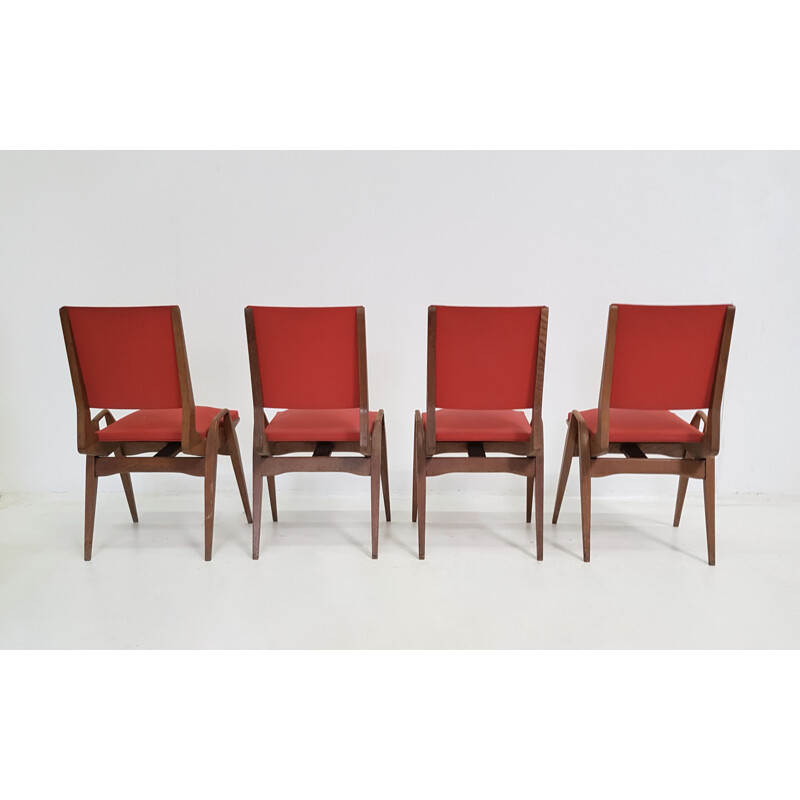 Set of 4 vintage Pré chairs in red leatherette and oak 1950