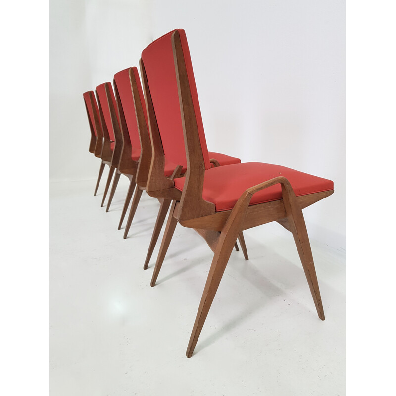 Set of 4 vintage Pré chairs in red leatherette and oak 1950