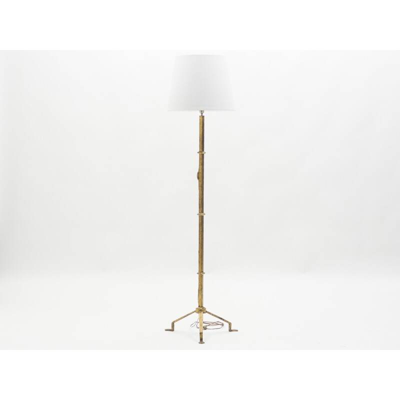 French vintage Thibier floor lamp in wrought gilded iron 1960