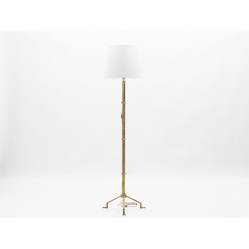 French vintage Thibier floor lamp in wrought gilded iron 1960
