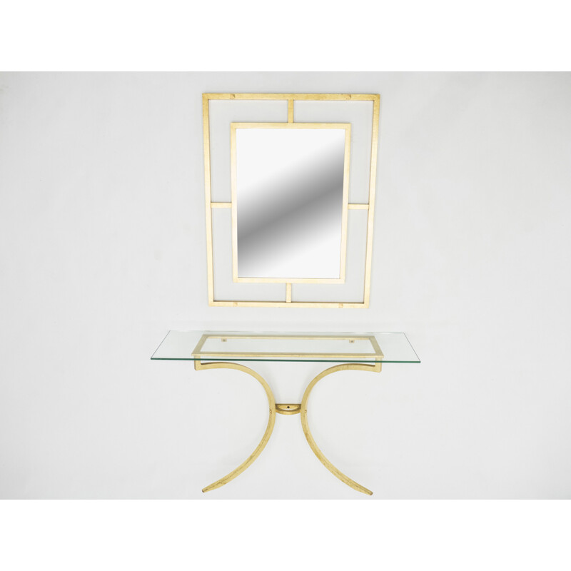 Vintage console with gilded wrought iron mirror by Thibier, 1960