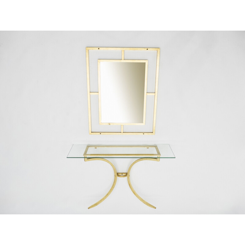 Vintage console with gilded wrought iron mirror by Thibier, 1960