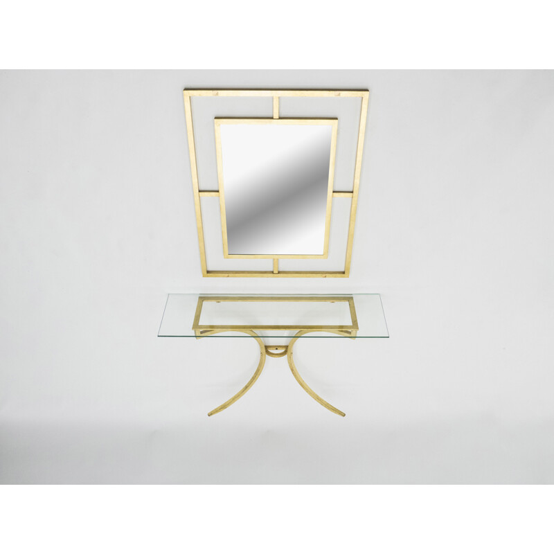 Consolle vintage con specchio in ferro battuto dorato di Thibier, 1960