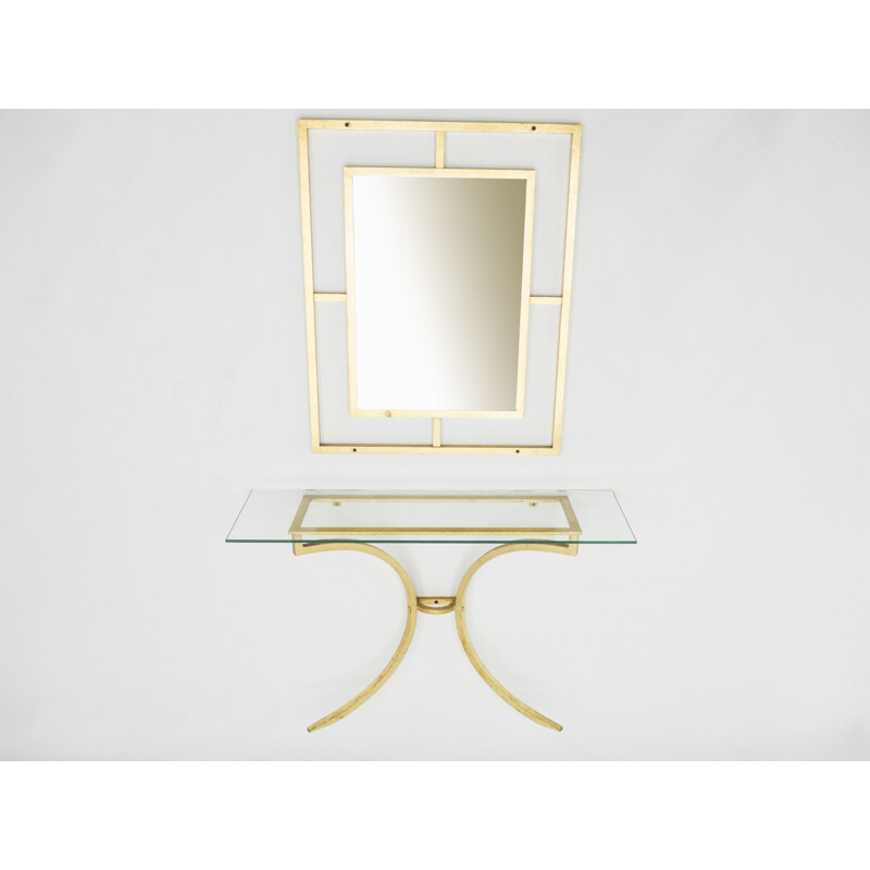 Vintage console with gilded wrought iron mirror by Thibier, 1960