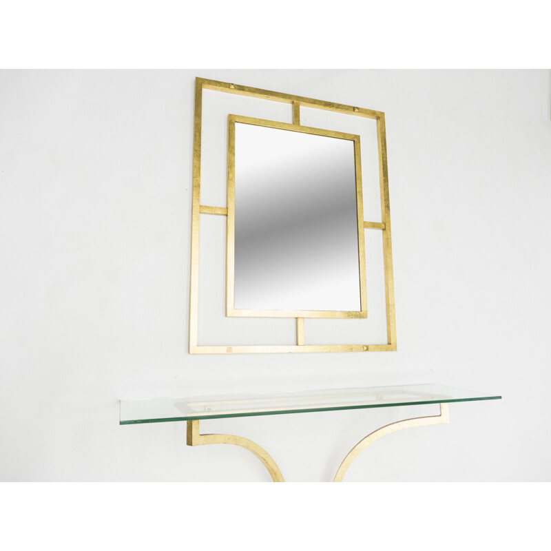 Vintage console with gilded wrought iron mirror by Thibier, 1960