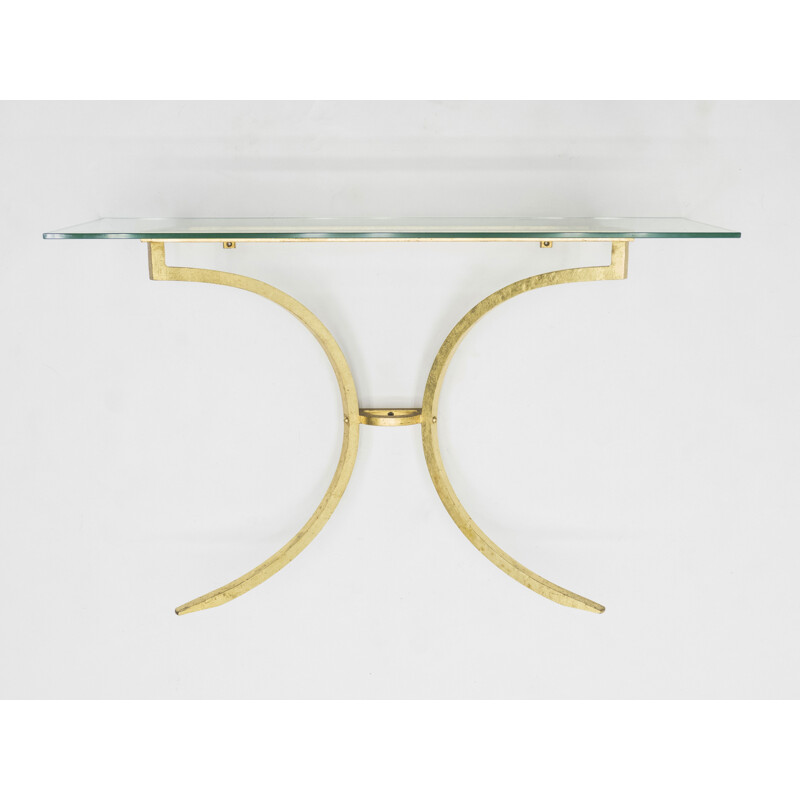 Consolle vintage con specchio in ferro battuto dorato di Thibier, 1960