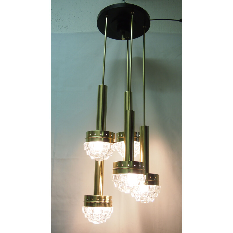 Vintage pendant lamp by Fagerlunden in brass metal and glass 1960