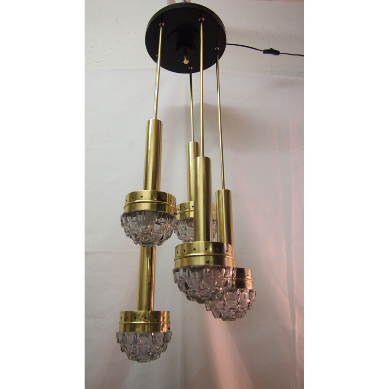 Vintage pendant lamp by Fagerlunden in brass metal and glass 1960