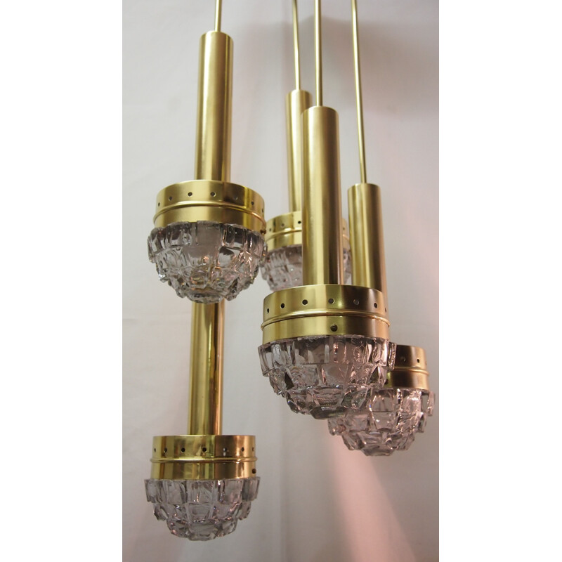 Vintage pendant lamp by Fagerlunden in brass metal and glass 1960