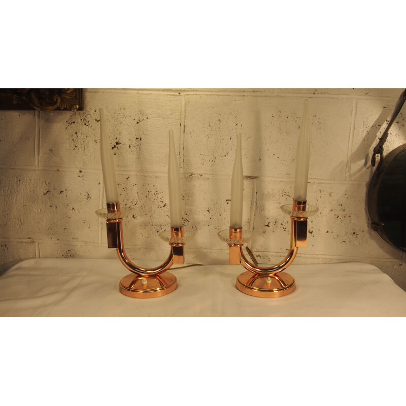 Coppia di lampade vintage in vetro satinato e ottone di Genet e Michon, 1940