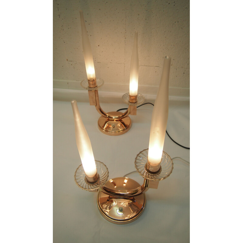 Pair of vintage frosted glass and brass lamps by Genet and Michon, 1940