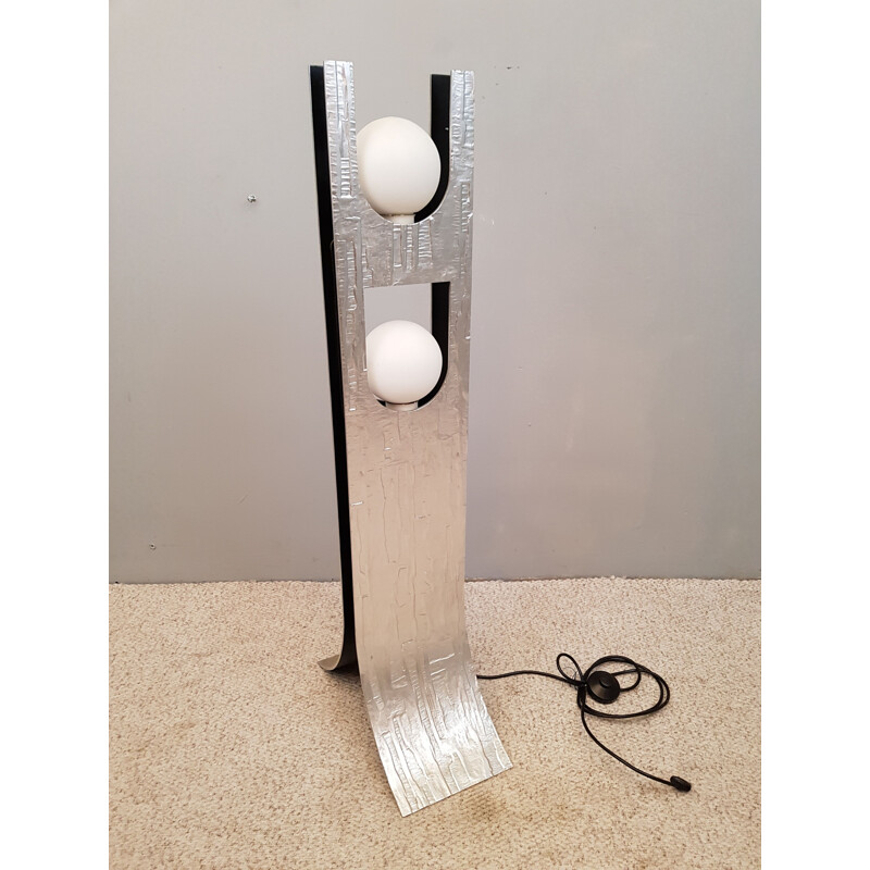 Vintage satin aluminum floor lamp model perla 2 for Lumalux 2000, France 1970