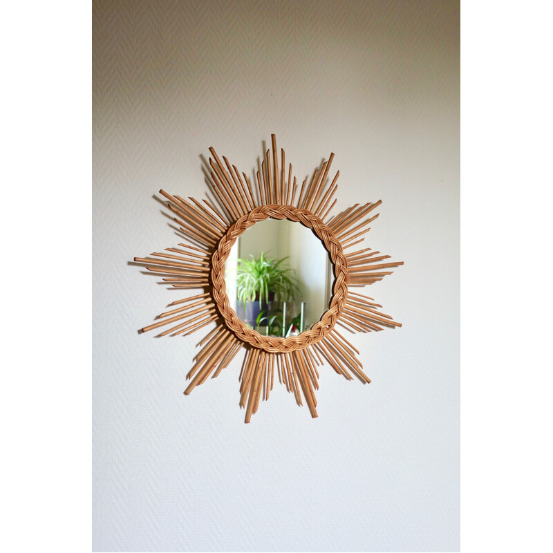 Vintage sun mirror in rattan 1960s