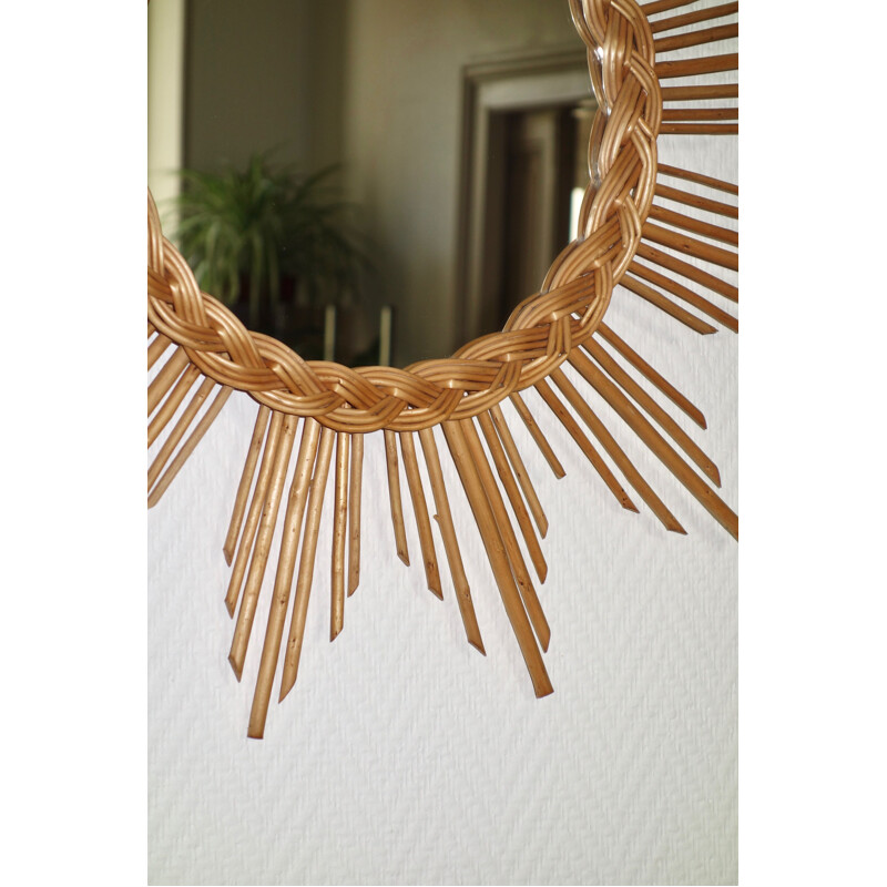 Vintage sun mirror in rattan 1960s