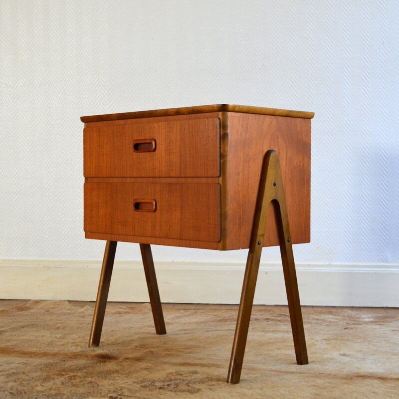 Vintage night stand in teak Scandinavian compass feet 1960s