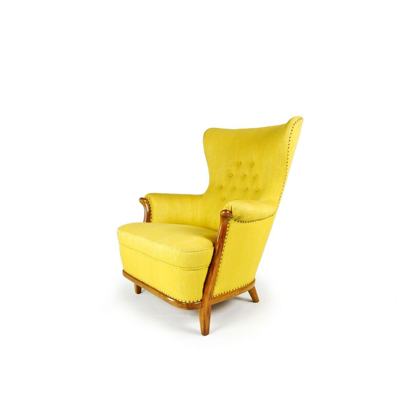 Fauteuil vintage en noyer avec tissu en laine jaune Suédois années 1950